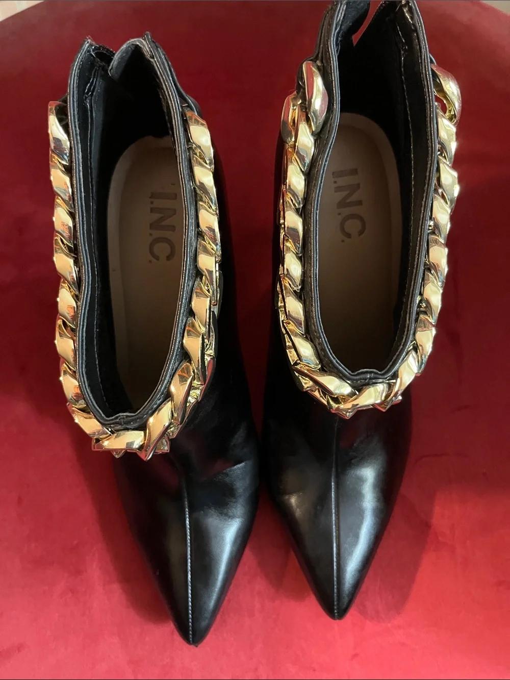 INC International Concepts Black Pointed Ankle Boots with Gold Chain Accent